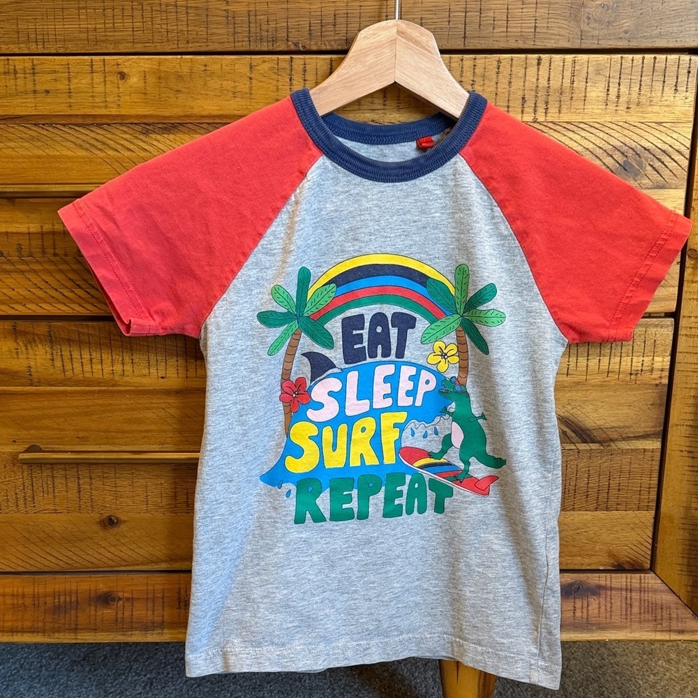 Mini Boden Kids Graphic Tee with Red Sleeves “Eat, Sleep,Surf and Repeat”
